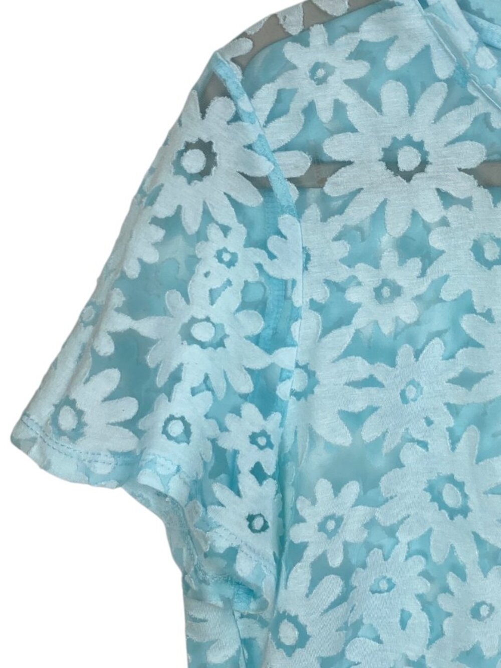 Y2K Sheer Mesh Floral Burnout Tee Light Blue Daisy Fairy Grunge Short Sleeve-L - Picture 3 of 7